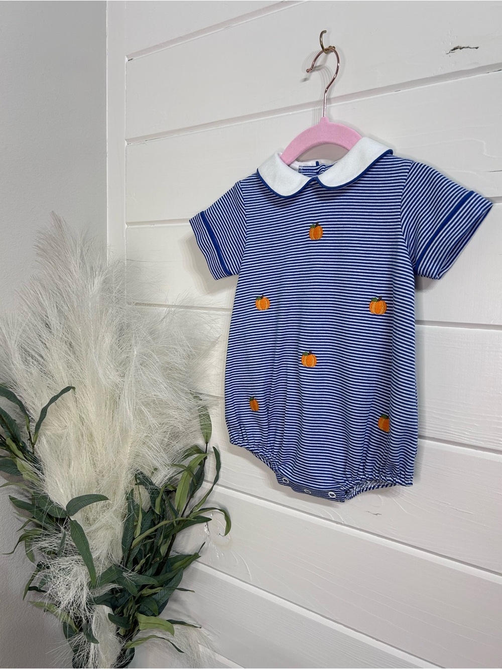 Striped Blue Baby One-Piece Romper with Pumpkin Appliqués